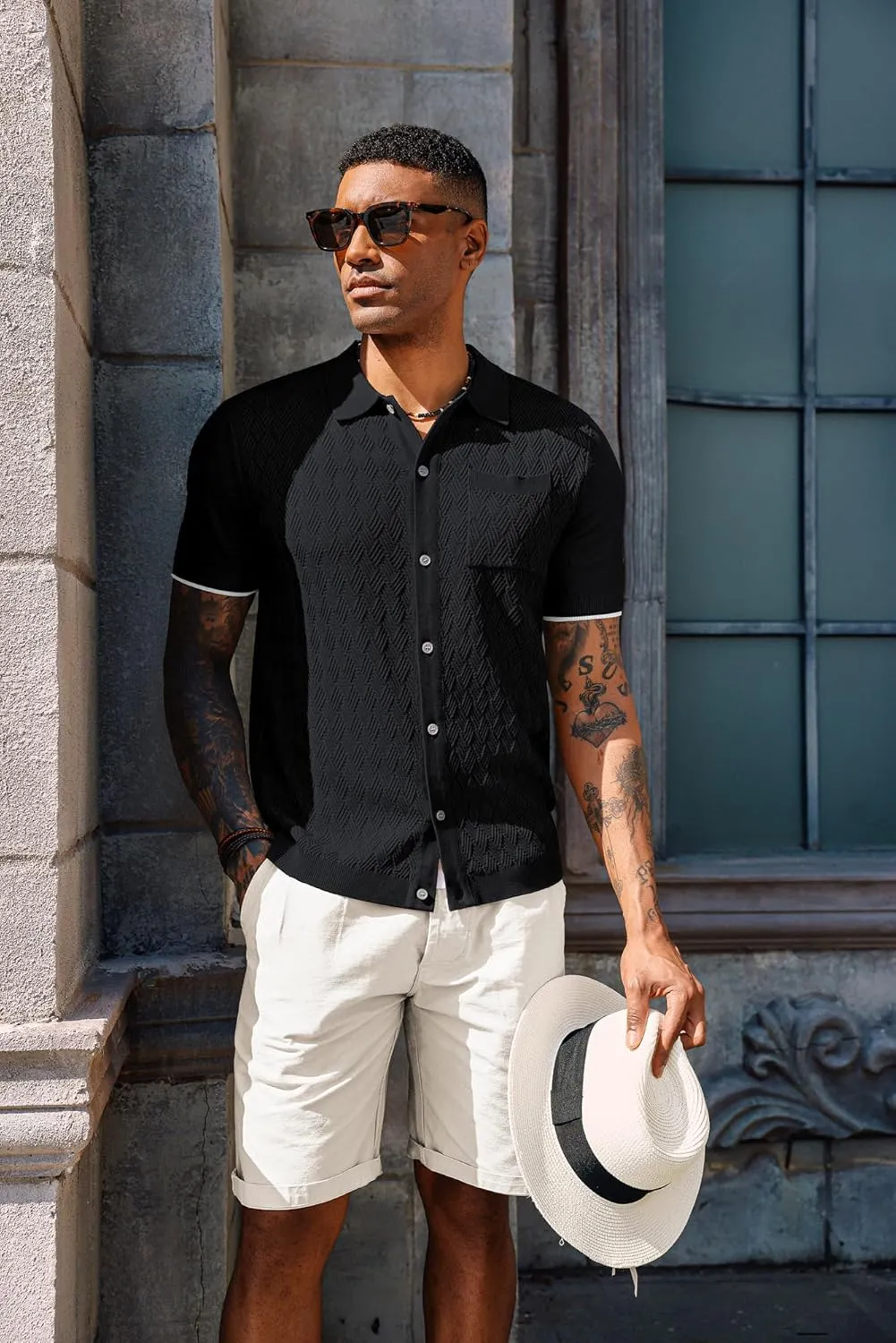 PJ PAUL JONES Mens Polo Shirt Short Sleeve Casual Knit Textured Button Down Polo Shirts with Pocket