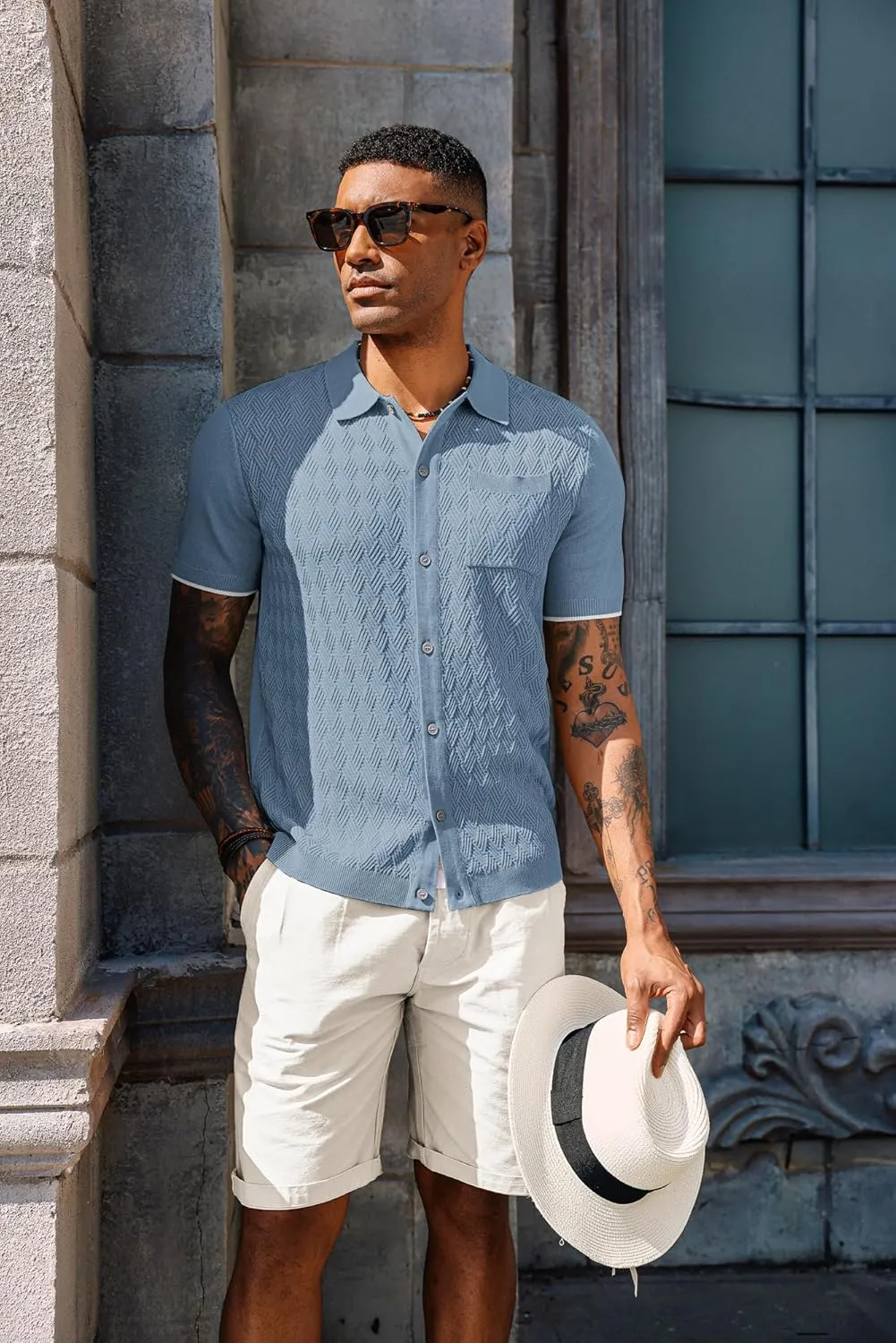 PJ PAUL JONES Mens Polo Shirt Short Sleeve Casual Knit Textured Button Down Polo Shirts with Pocket
