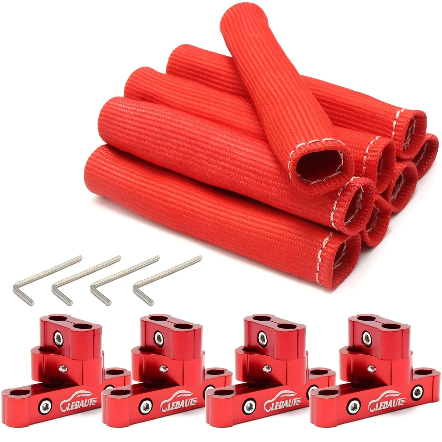 Red 8Cyl Spark Plug Heat Shield Protector and 12pc Engine Separator Insulating Fire Sleeve Wire Protector with Divider Suit for 8mm 9mm 10mm