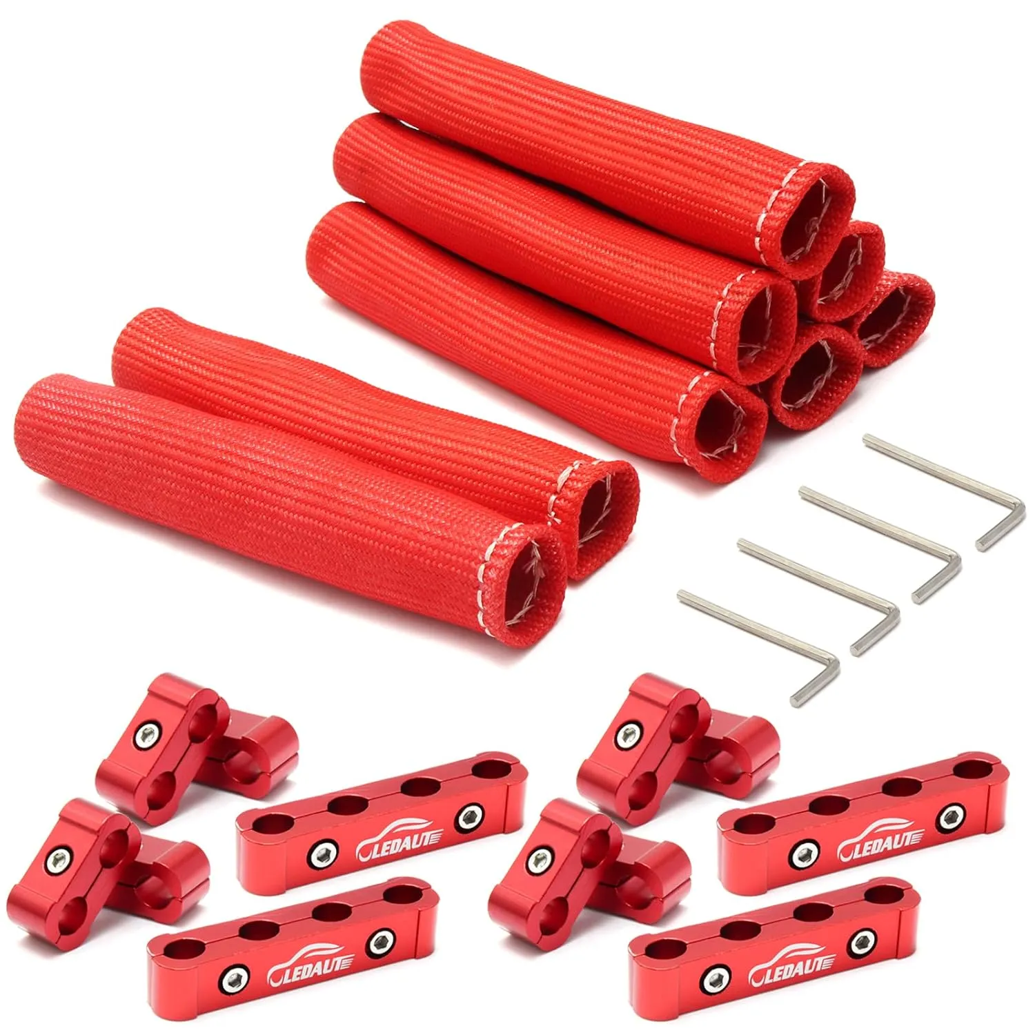 Red 8Cyl Spark Plug Heat Shield Protector and 12pc Engine Separator Insulating Fire Sleeve Wire Protector with Divider Suit for 8mm 9mm 10mm