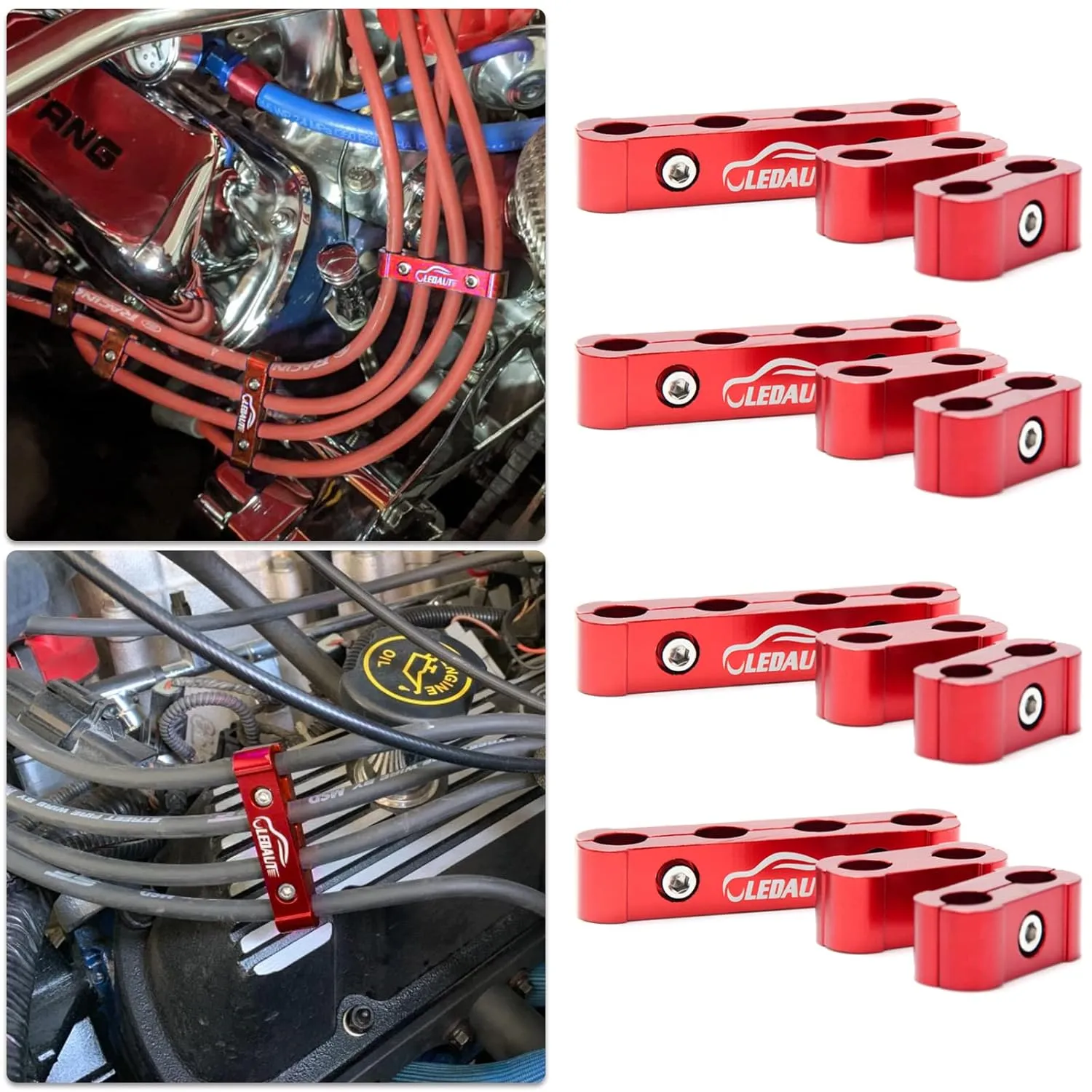 Red 8Cyl Spark Plug Heat Shield Protector and 12pc Engine Separator Insulating Fire Sleeve Wire Protector with Divider Suit for 8mm 9mm 10mm