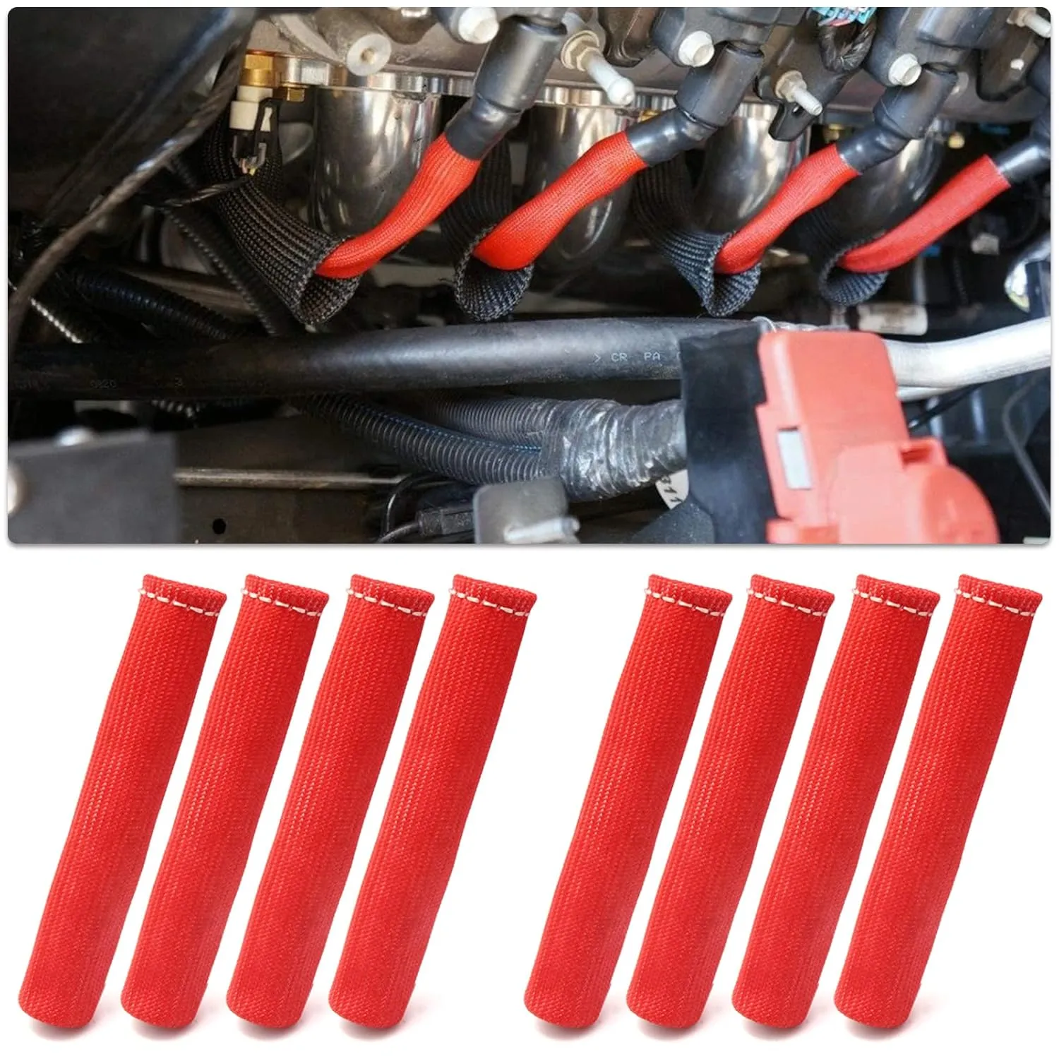 Red 8Cyl Spark Plug Heat Shield Protector and 12pc Engine Separator Insulating Fire Sleeve Wire Protector with Divider Suit for 8mm 9mm 10mm