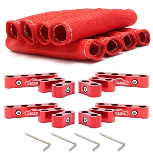 Red 8Cyl Spark Plug Heat Shield Protector and 12pc Engine Separator Insulating Fire Sleeve Wire Protector with Divider Suit for 8mm 9mm 10mm