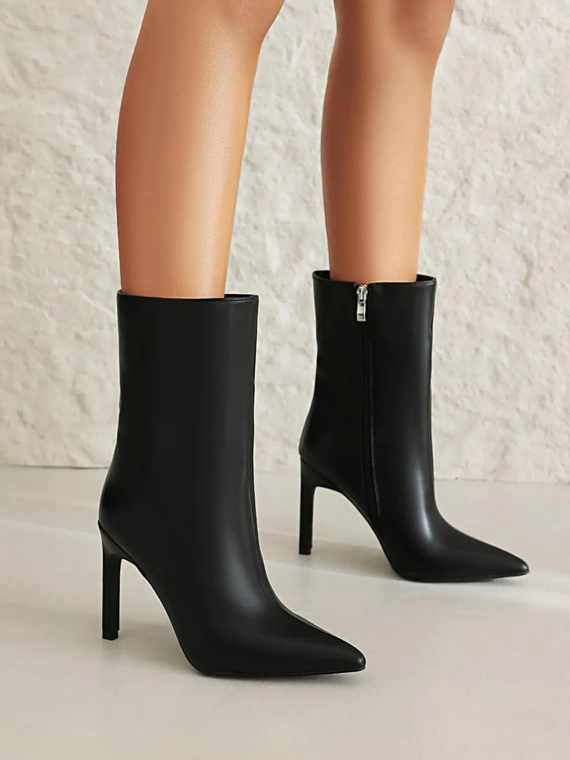 Reitoye Womens Pointed Toe Wide Calf Ankle Booties Stiletto Heel Mid Calf Short Boots