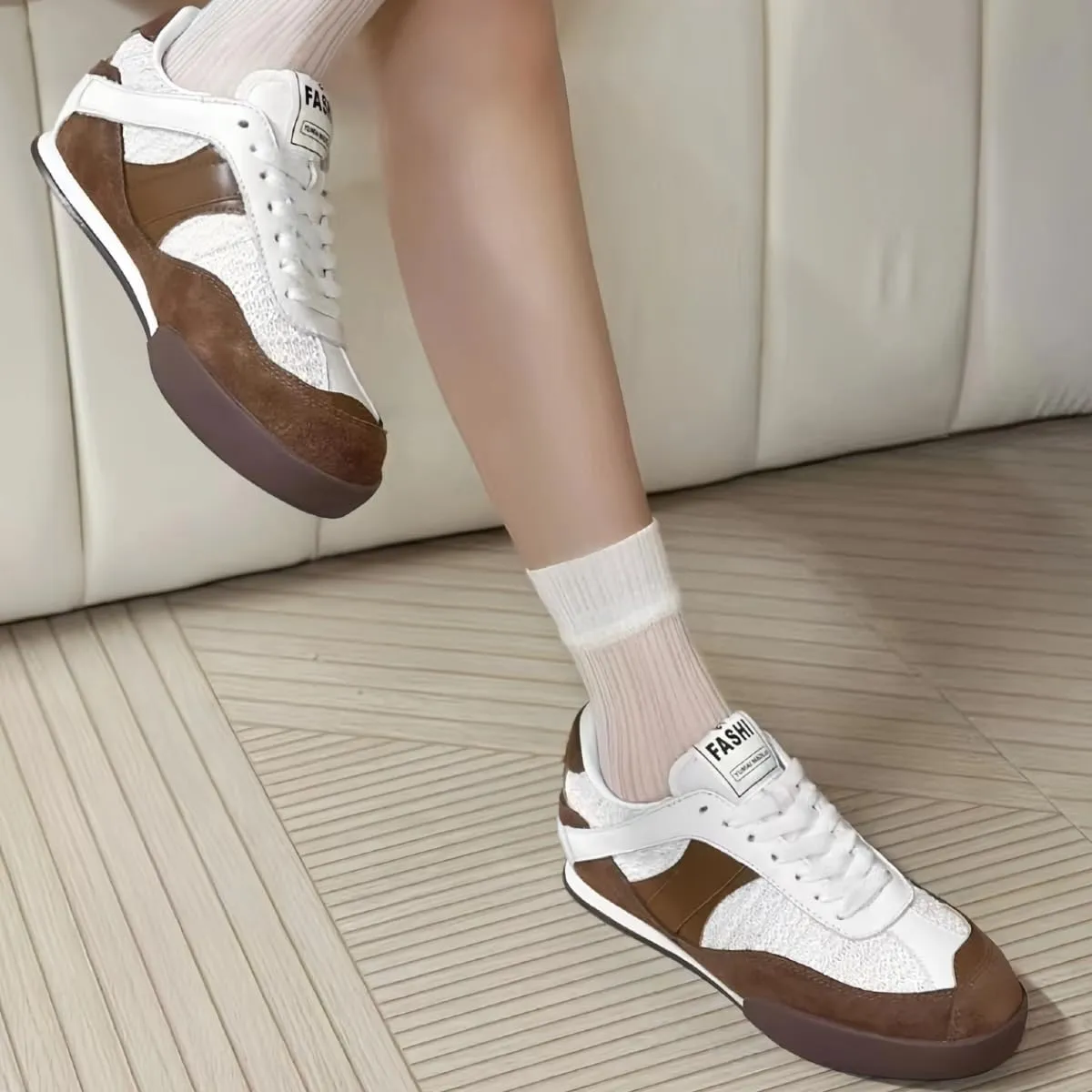 Retro Patchwork Design Lace - up Women's German Army Trainer Shoes Lightweight Flats Round Toe Genuine Suede Leather Sneakers for Women Daily Casual