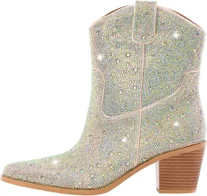 richealnini Women's Cowboy Boots Pull On Stacked Heeled Booties