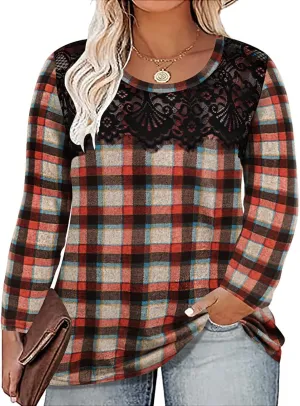 RITERA Plus Size Lace Tops for Women Long Sleeve Crewneck Pullover Fall T-Shirts Tunics Basic Tees T-Shirts XL-5XL