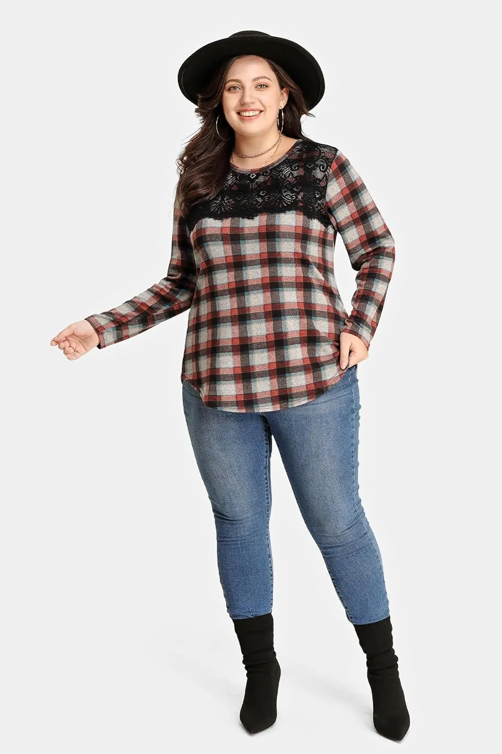 RITERA Plus Size Lace Tops for Women Long Sleeve Crewneck Pullover Fall T-Shirts Tunics Basic Tees T-Shirts XL-5XL