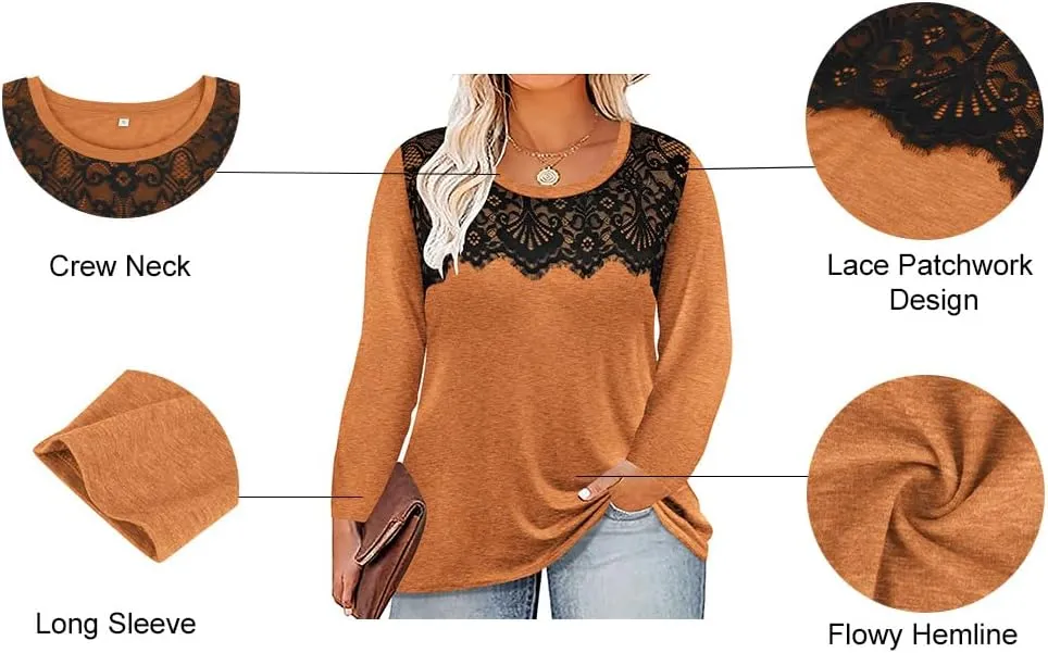 RITERA Plus Size Lace Tops for Women Long Sleeve Crewneck Pullover Fall T-Shirts Tunics Basic Tees T-Shirts XL-5XL