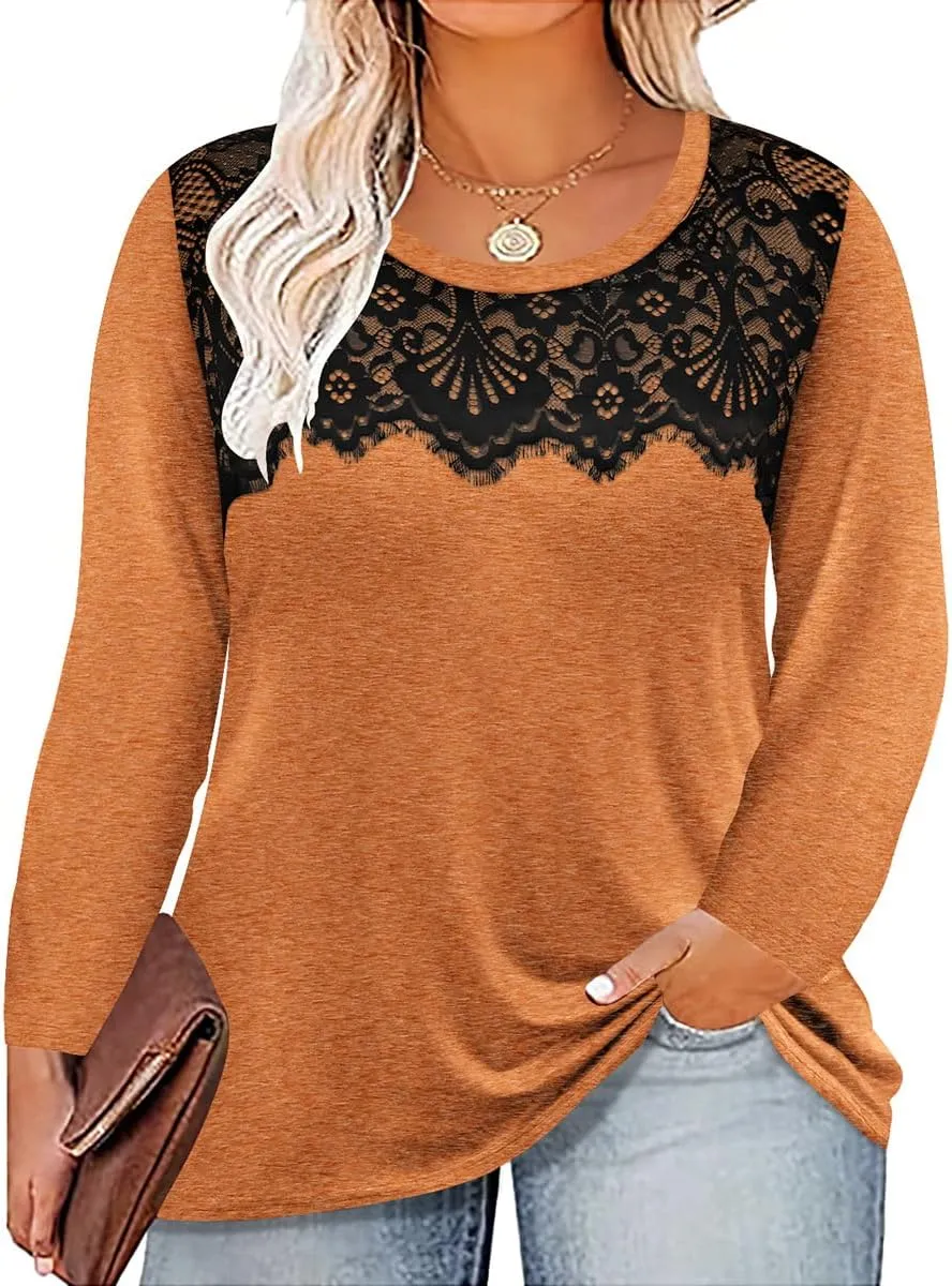 RITERA Plus Size Lace Tops for Women Long Sleeve Crewneck Pullover Fall T-Shirts Tunics Basic Tees T-Shirts XL-5XL