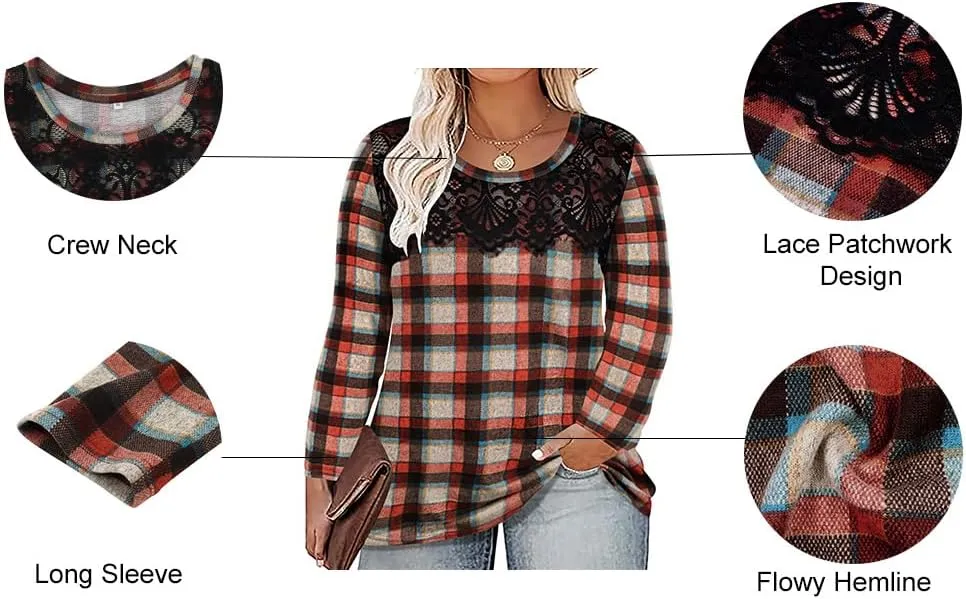 RITERA Plus Size Lace Tops for Women Long Sleeve Crewneck Pullover Fall T-Shirts Tunics Basic Tees T-Shirts XL-5XL