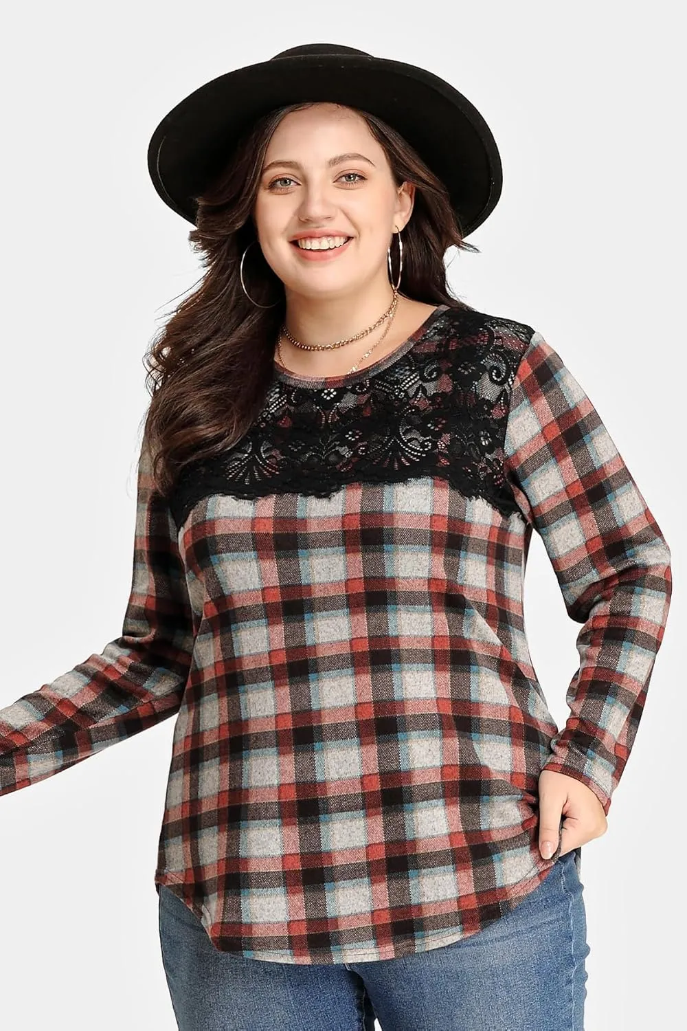 RITERA Plus Size Lace Tops for Women Long Sleeve Crewneck Pullover Fall T-Shirts Tunics Basic Tees T-Shirts XL-5XL