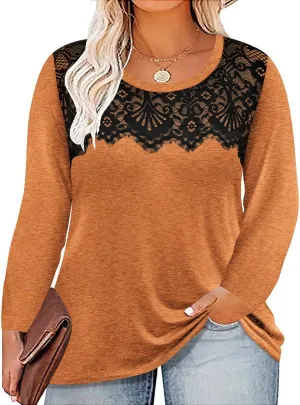 RITERA Plus Size Lace Tops for Women Long Sleeve Crewneck Pullover Fall T-Shirts Tunics Basic Tees T-Shirts XL-5XL