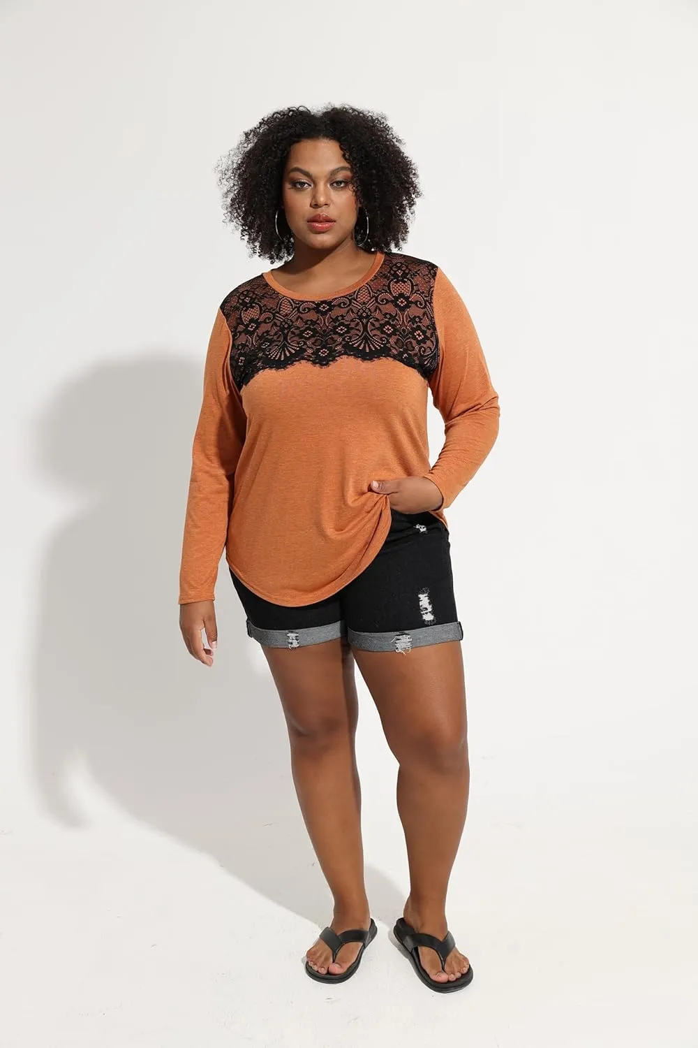 RITERA Plus Size Lace Tops for Women Long Sleeve Crewneck Pullover Fall T-Shirts Tunics Basic Tees T-Shirts XL-5XL