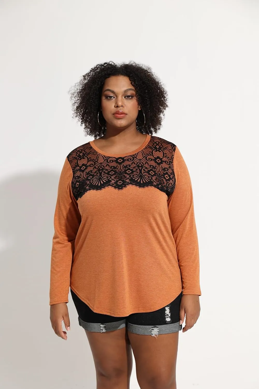RITERA Plus Size Lace Tops for Women Long Sleeve Crewneck Pullover Fall T-Shirts Tunics Basic Tees T-Shirts XL-5XL