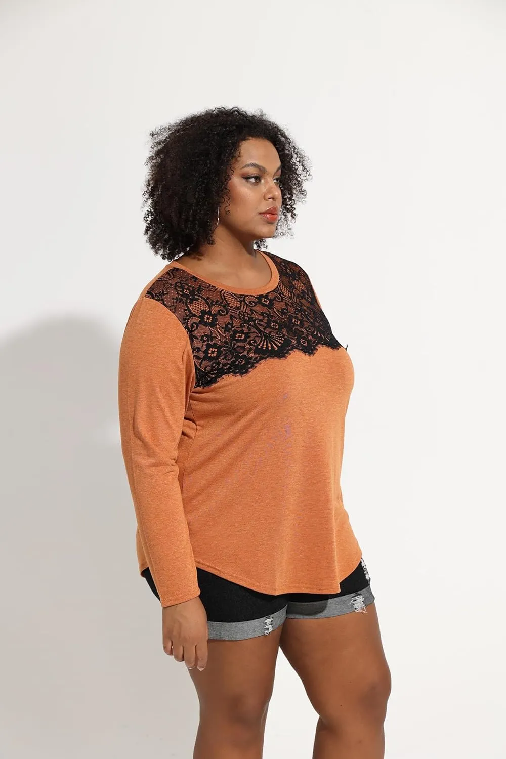 RITERA Plus Size Lace Tops for Women Long Sleeve Crewneck Pullover Fall T-Shirts Tunics Basic Tees T-Shirts XL-5XL