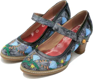 Riutiru Women's Handmade Lambskin Mary Jane Loafers Shoes, Retro Ethnic Print Style and Brock-Style Design