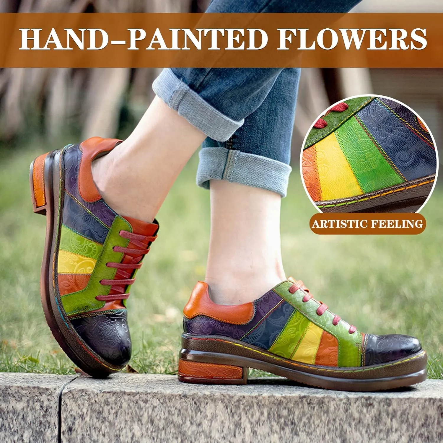 Riutiru Women's Handmade Lambskin Mary Jane Loafers Shoes, Retro Ethnic Print Style and Brock-Style Design