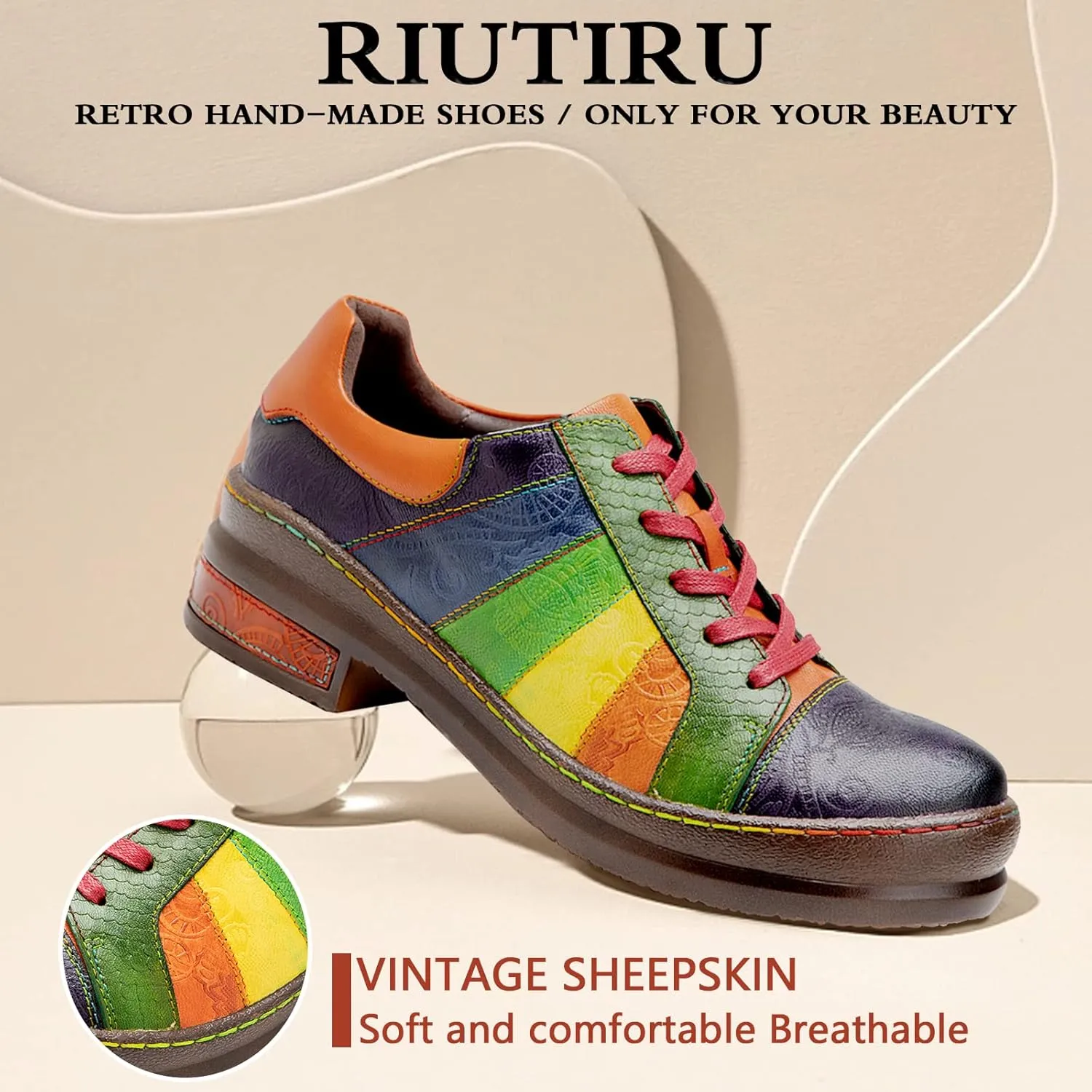 Riutiru Women's Handmade Lambskin Mary Jane Loafers Shoes, Retro Ethnic Print Style and Brock-Style Design