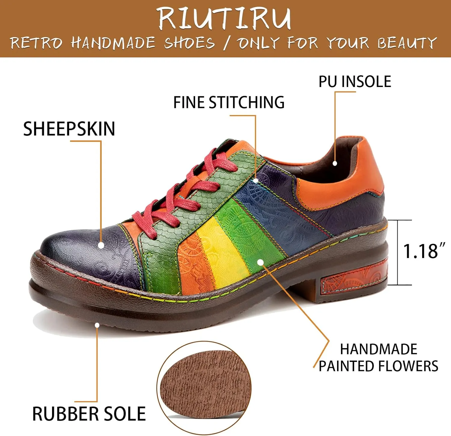Riutiru Women's Handmade Lambskin Mary Jane Loafers Shoes, Retro Ethnic Print Style and Brock-Style Design