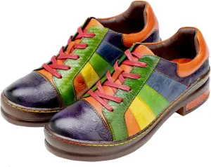 Riutiru Women's Handmade Lambskin Mary Jane Loafers Shoes, Retro Ethnic Print Style and Brock-Style Design
