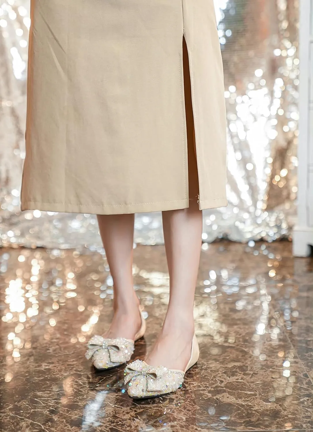 SAILING LU Sequins Flats Bow-Knot Shoes Women Dressy Pointed Toe Bridal Shoes for Wedding Comfortable Loafers Slip-ons