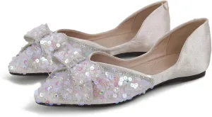 SAILING LU Sequins Flats Bow-Knot Shoes Women Dressy Pointed Toe Bridal Shoes for Wedding Comfortable Loafers Slip-ons