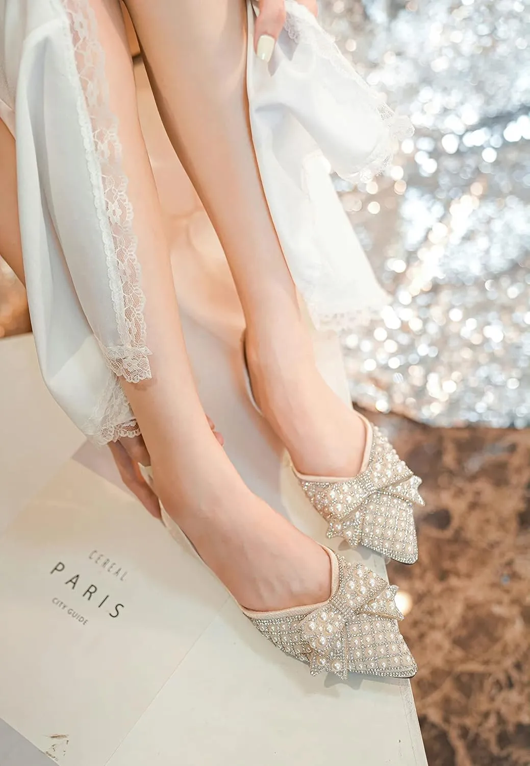 SAILING LU Sequins Flats Bow-Knot Shoes Women Dressy Pointed Toe Bridal Shoes for Wedding Comfortable Loafers Slip-ons