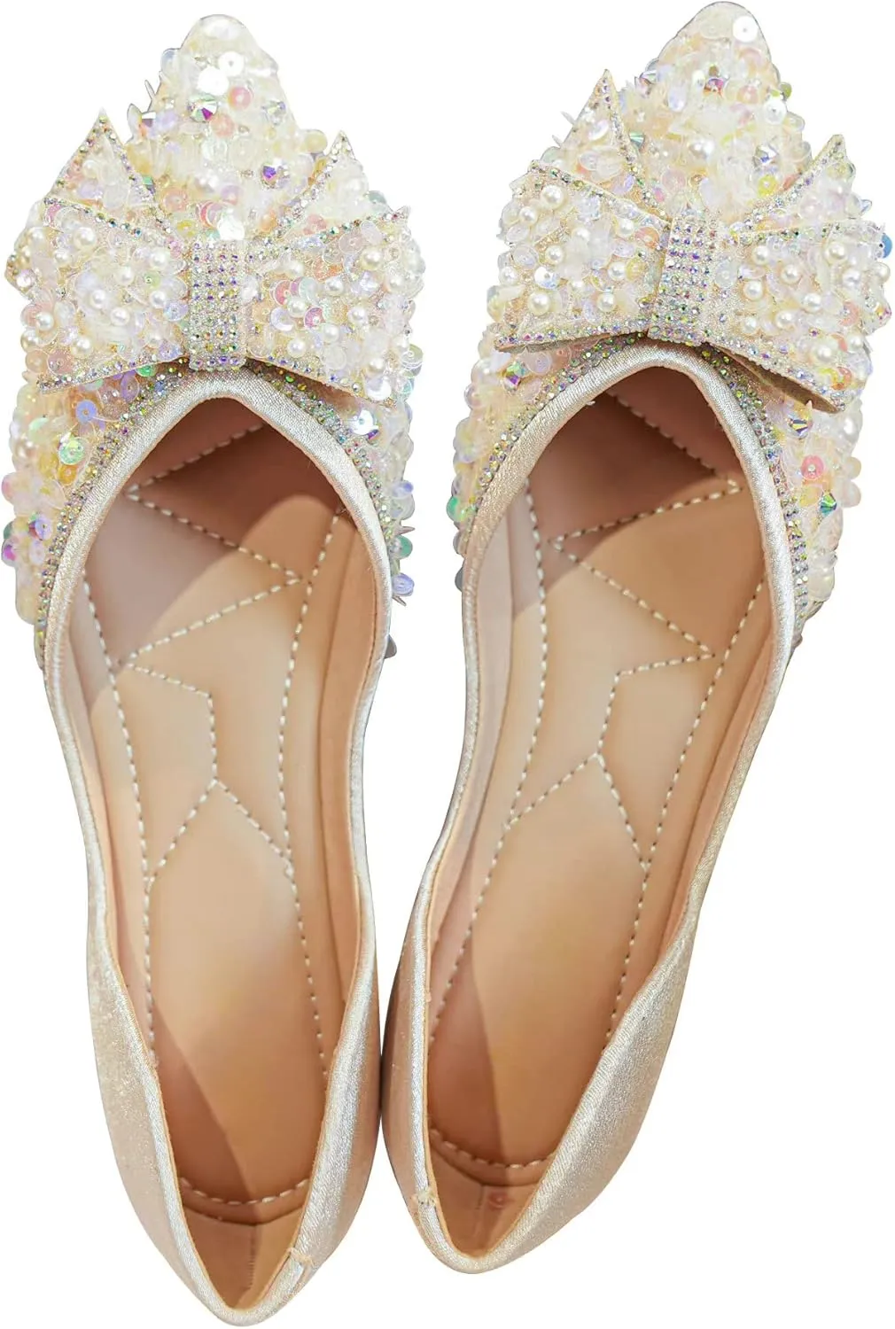 SAILING LU Sequins Flats Bow-Knot Shoes Women Dressy Pointed Toe Bridal Shoes for Wedding Comfortable Loafers Slip-ons