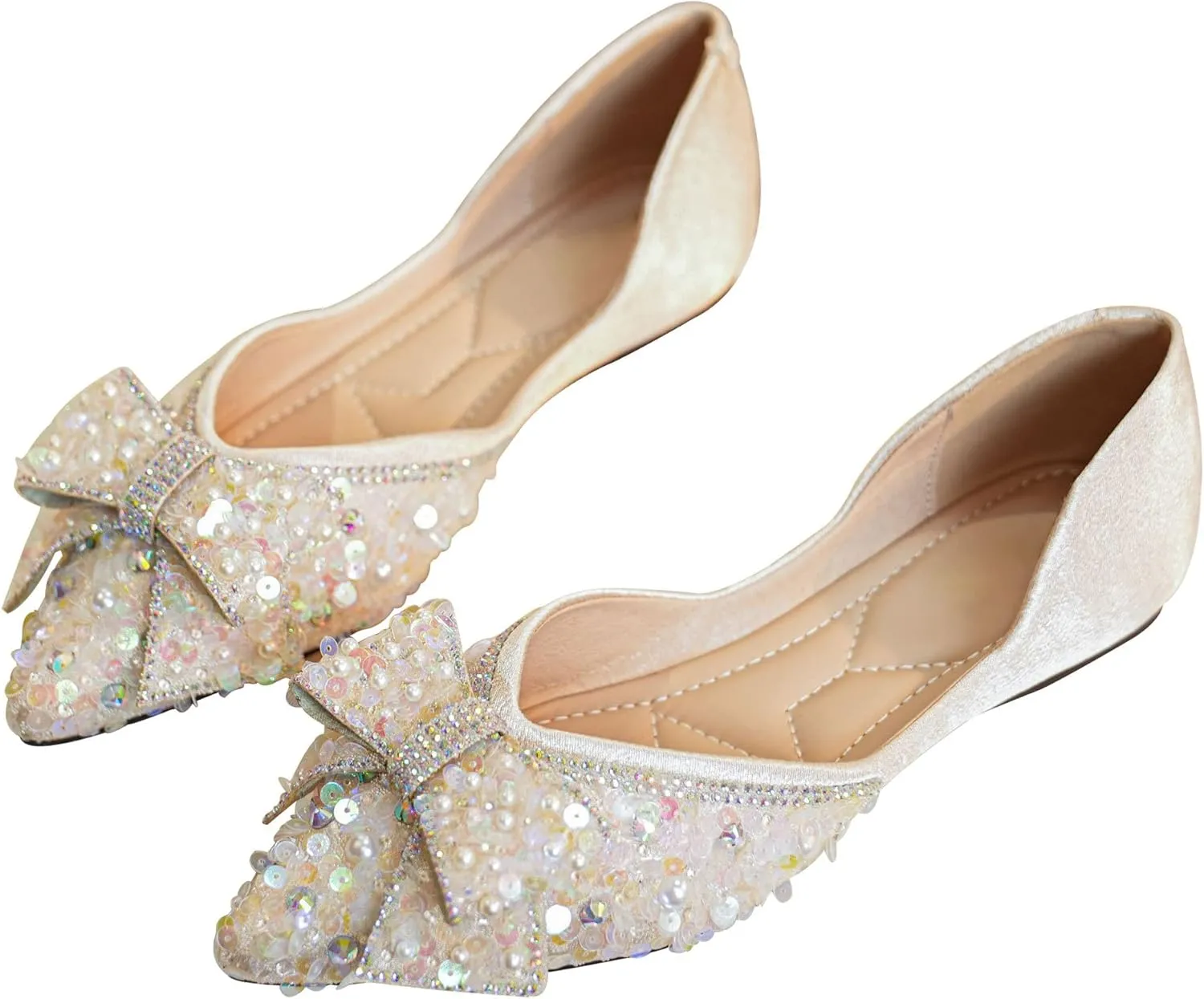 SAILING LU Sequins Flats Bow-Knot Shoes Women Dressy Pointed Toe Bridal Shoes for Wedding Comfortable Loafers Slip-ons