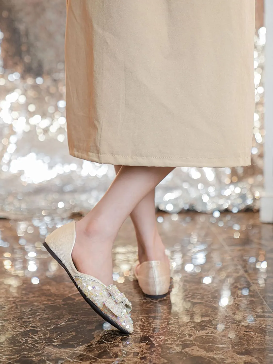 SAILING LU Sequins Flats Bow-Knot Shoes Women Dressy Pointed Toe Bridal Shoes for Wedding Comfortable Loafers Slip-ons