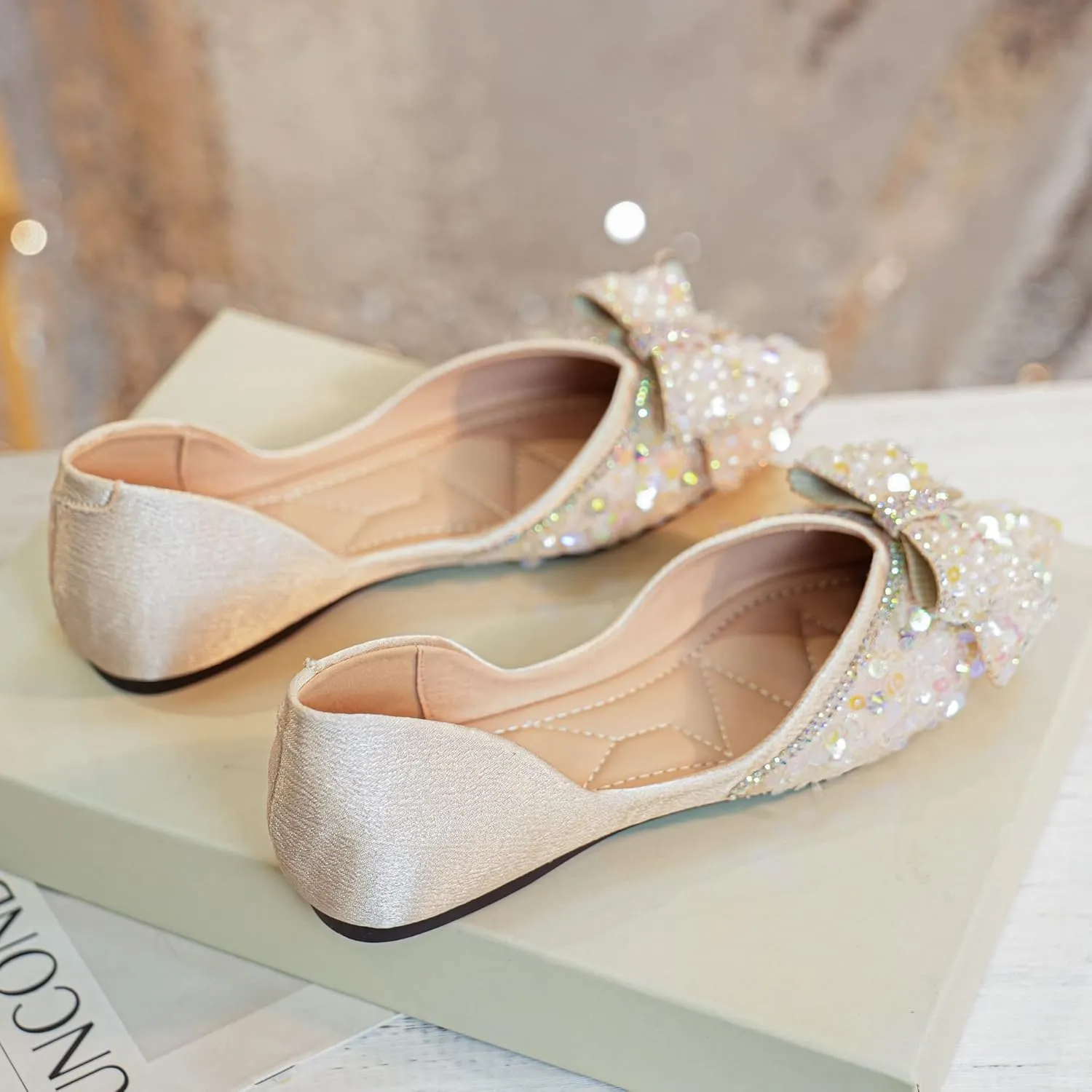 SAILING LU Sequins Flats Bow-Knot Shoes Women Dressy Pointed Toe Bridal Shoes for Wedding Comfortable Loafers Slip-ons