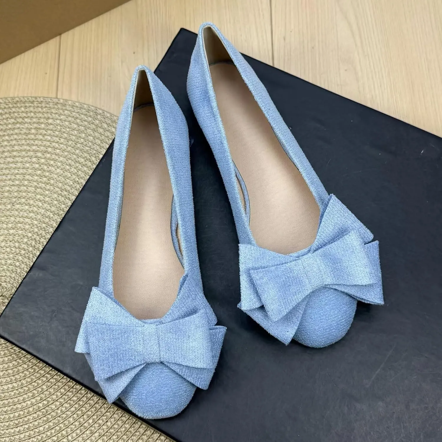 SAILING LU Women's Round Toe Ballerina Shoes Cute Bow Flats Comfortable Soft Suede Slip-ons Solid Color Office Lady Walking Loafers