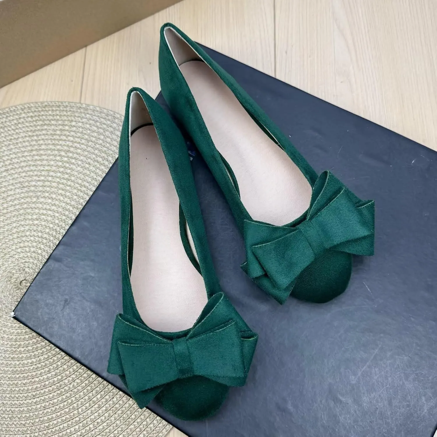 SAILING LU Women's Round Toe Ballerina Shoes Cute Bow Flats Comfortable Soft Suede Slip-ons Solid Color Office Lady Walking Loafers