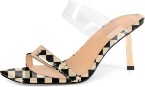 SAMMITOP Womens Heeled Sandals Strappy Square Toe Mules Gold Buckle Stiletto High Heels Clear Strap Slip On Summer Dress Shoes 3.5 Inches