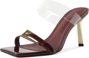 SAMMITOP Womens Heeled Sandals Strappy Square Toe Mules Gold Buckle Stiletto High Heels Clear Strap Slip On Summer Dress Shoes 3.5 Inches