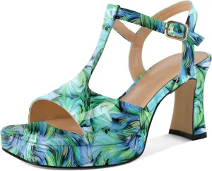 SAMMITOP Women's Platform Chunky High Heels T-Strap Sexy Sandals Open Square Toe Ankle Strap Wedding Party Prom Dress Shoes 3.5 Inch