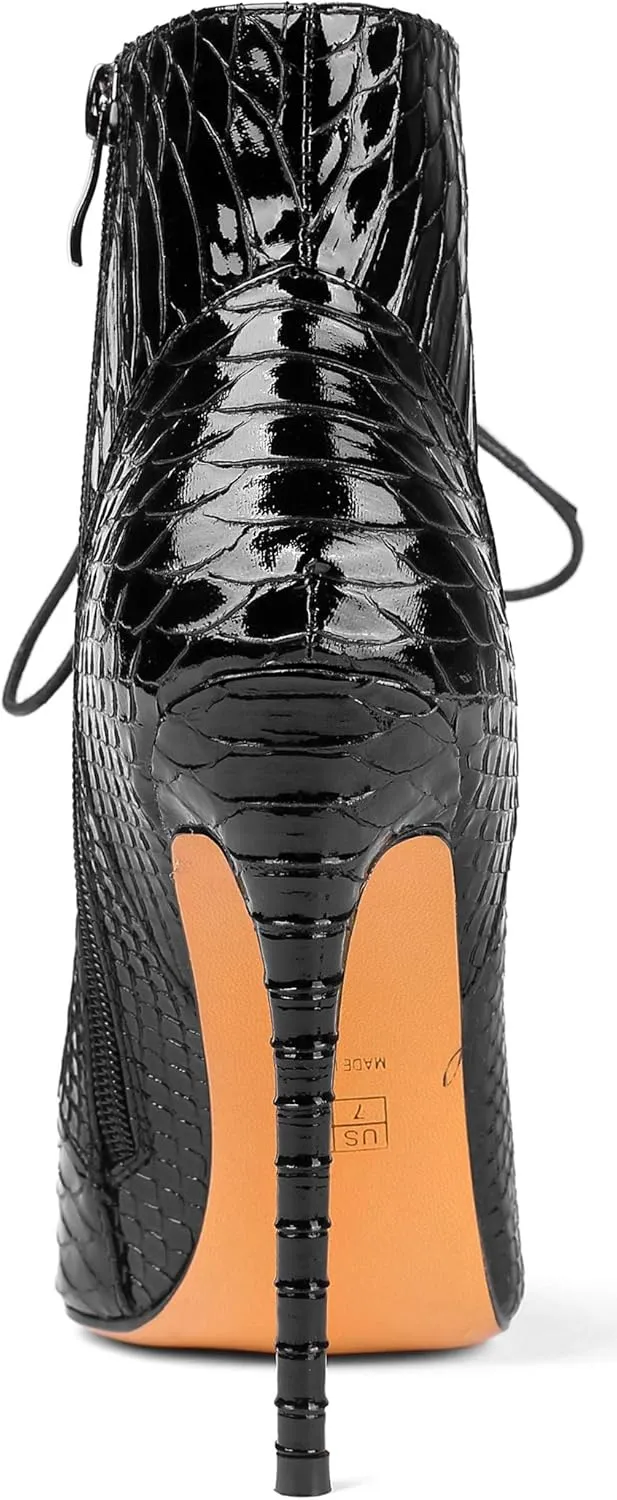 SAMMITOP Women's Pointed Toe Lace Up Ankle Boots,Animal Print Short Booties