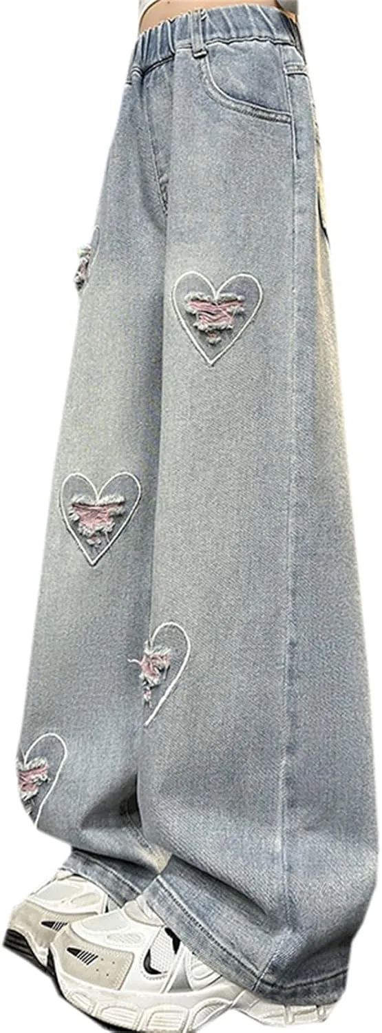 SANGTREE Girls Wide Leg Jeans Elastic Waist Denim Pants Baggy Jeans for Girls, 6-14 Years