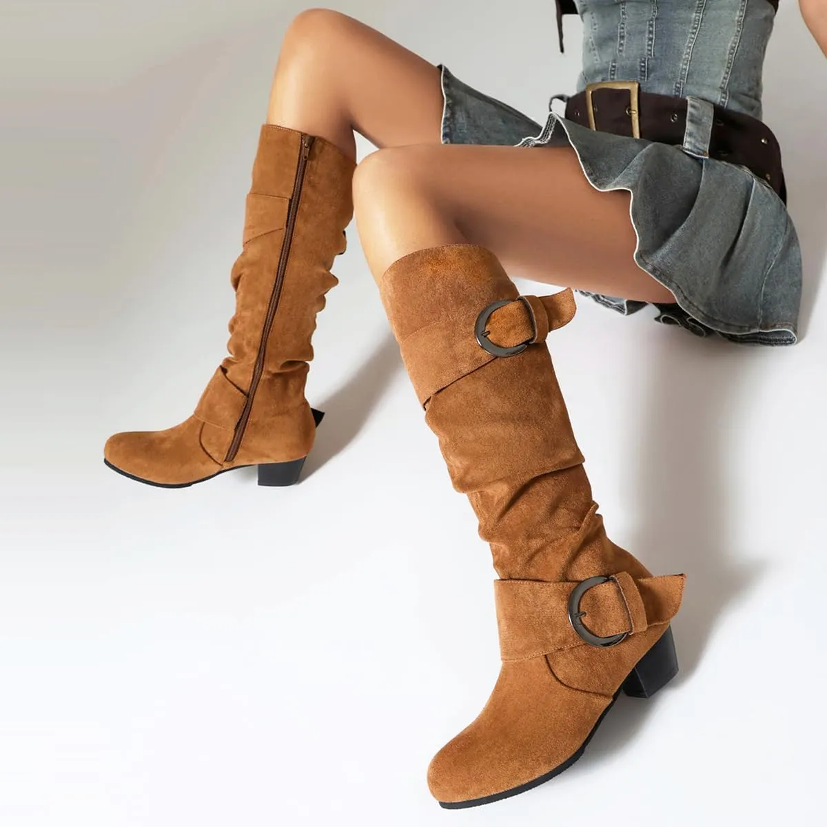 Scaoruki Women Fashion Autumn Knee High Boots Mid Heels