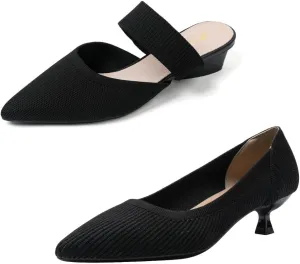 Semwiss 2 Pairs Black Women Low Heel Pointed Toe Pump and Sandals US Size 8