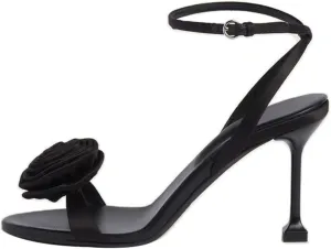 sexy women's black Stiletto sandals with Satin rose, sweet large size fashion peep Toe high heels for banquet, party and catwalks