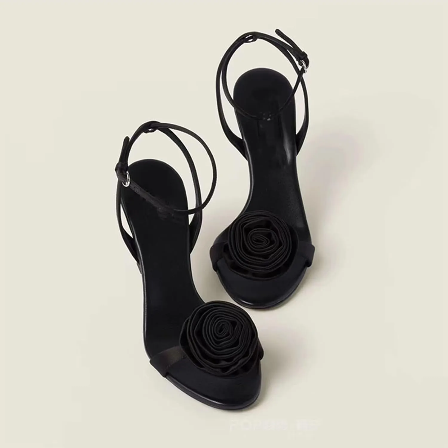 sexy women's black Stiletto sandals with Satin rose, sweet large size fashion peep Toe high heels for banquet, party and catwalks
