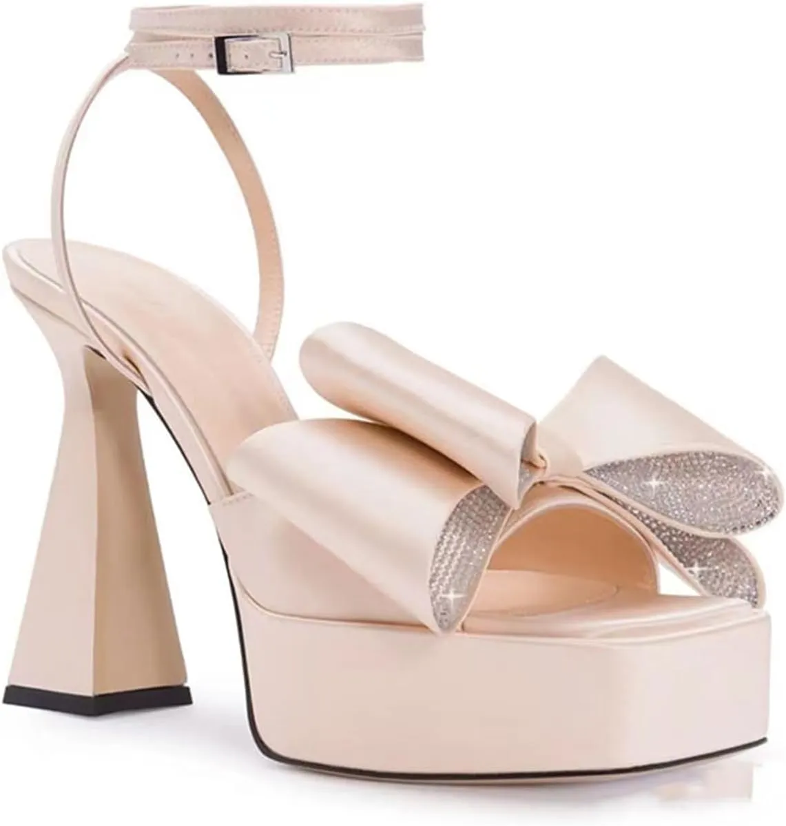 Sexy Women's Silk Sandals with Crystal Bowknot, Square Toe Sweet Peep Toe High Heels for Party, Banquet And Catwalk