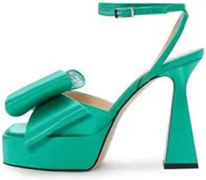 Sexy Women's Silk Sandals with Crystal Bowknot, Square Toe Sweet Peep Toe High Heels for Party, Banquet And Catwalk