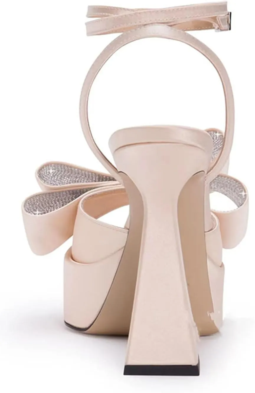 Sexy Women's Silk Sandals with Crystal Bowknot, Square Toe Sweet Peep Toe High Heels for Party, Banquet And Catwalk