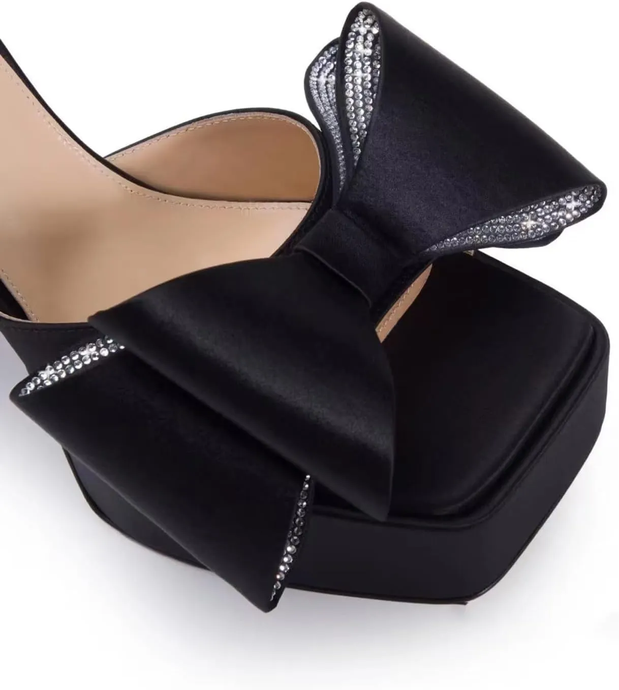 Sexy Women's Silk Sandals with Crystal Bowknot, Square Toe Sweet Peep Toe High Heels for Party, Banquet And Catwalk