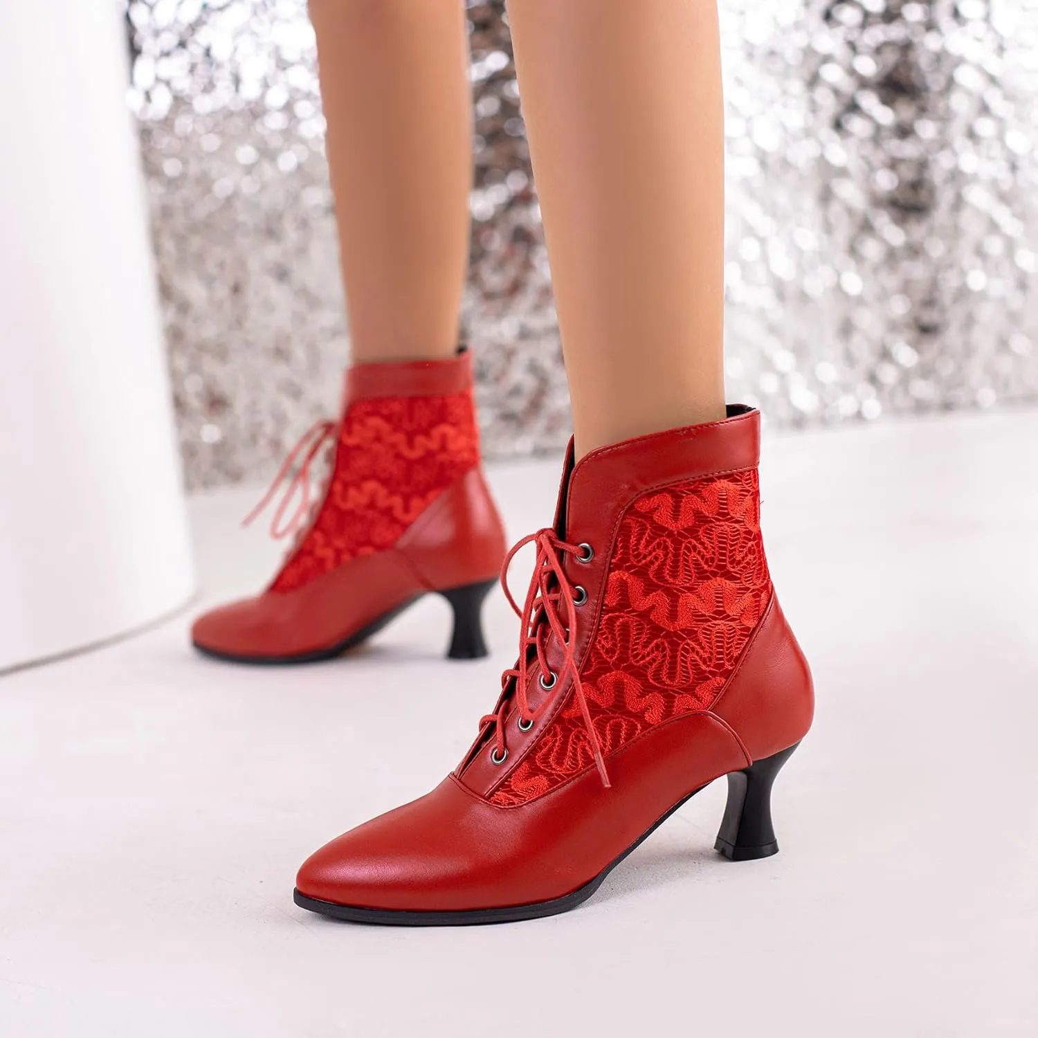 SHEMEE Women's Lace Victorian Booties Chunky Kitten Heels Ankle Boots Vintage Lacing Cosplay Witch Short Boots Mid Heel