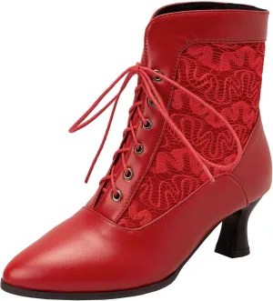 SHEMEE Women's Lace Victorian Booties Chunky Kitten Heels Ankle Boots Vintage Lacing Cosplay Witch Short Boots Mid Heel