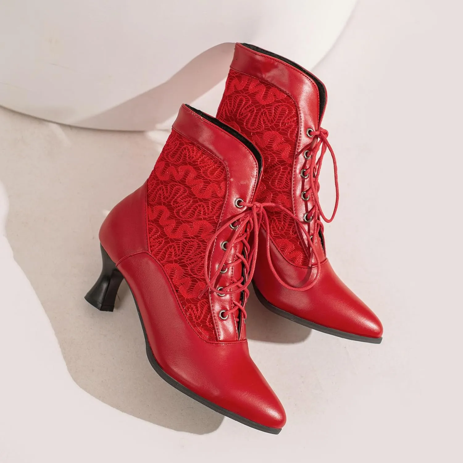 SHEMEE Women's Lace Victorian Booties Chunky Kitten Heels Ankle Boots Vintage Lacing Cosplay Witch Short Boots Mid Heel